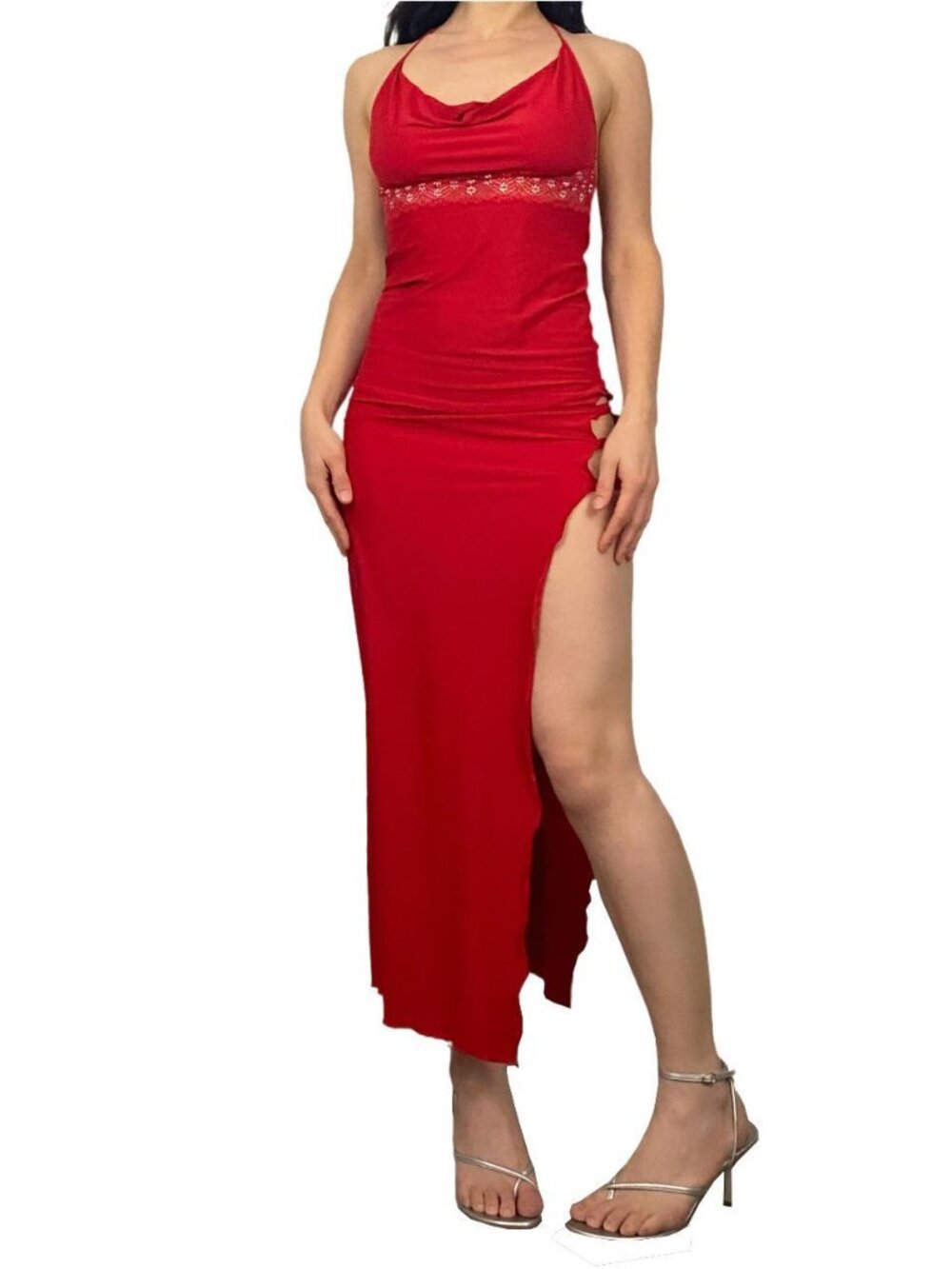 Vintage slinky red maxi dress with lace and a high thigh side slit